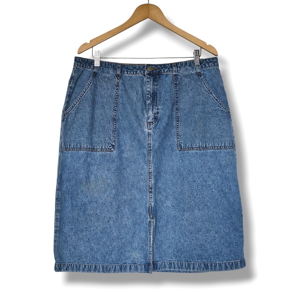 Vintage Covington Denim Midi Skirt 18 Blue Front Slit Cotton Pockets 90s Modest